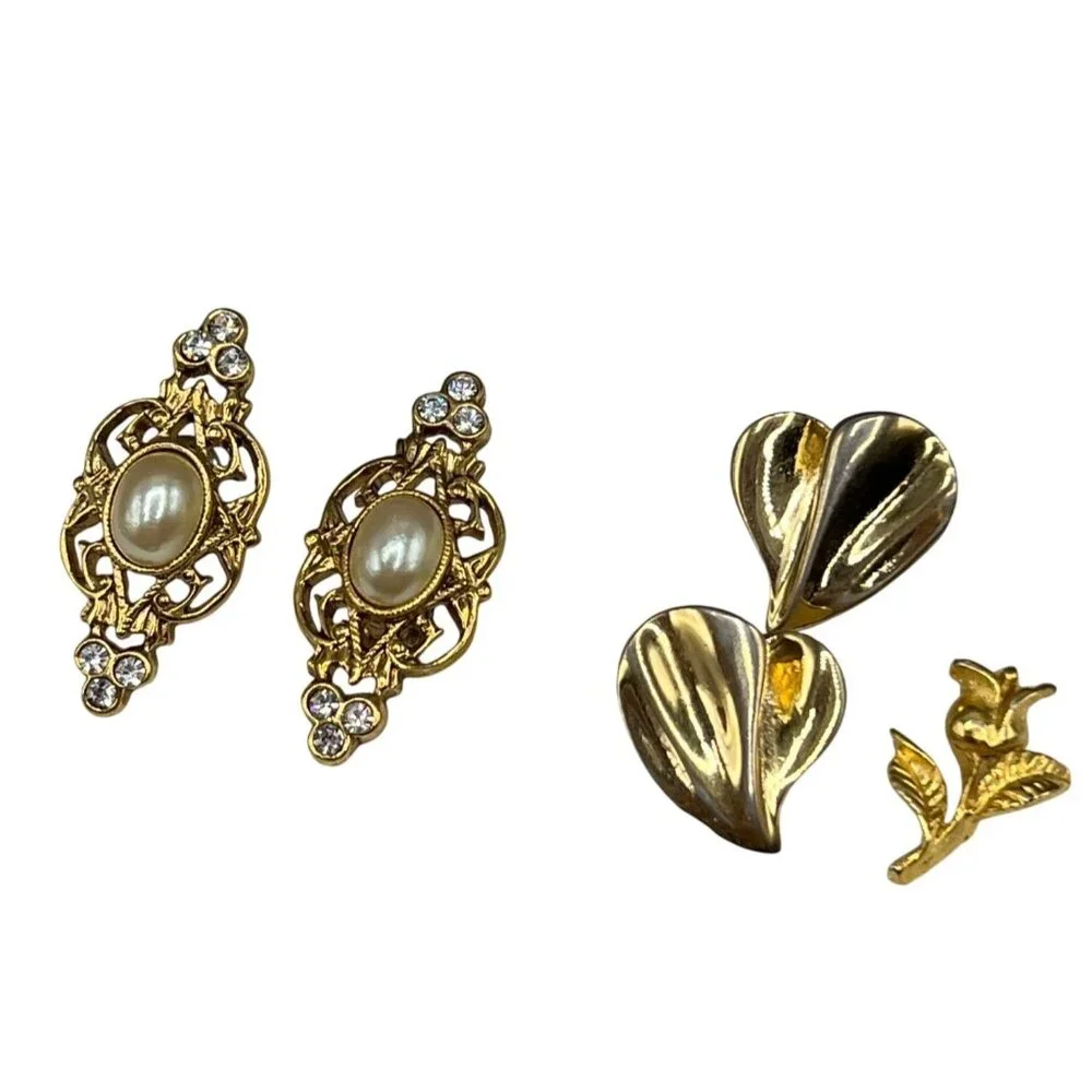 90s Gold-Tone & Pearl Earrings Set Rhinestones Floral Designs & Small Rose Pin - Picture 11 of 11